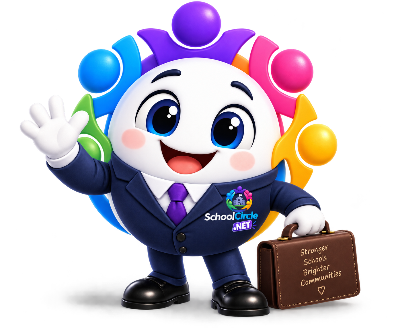 SchoolCircle mascot dressed in a suit and carrying a briefcase